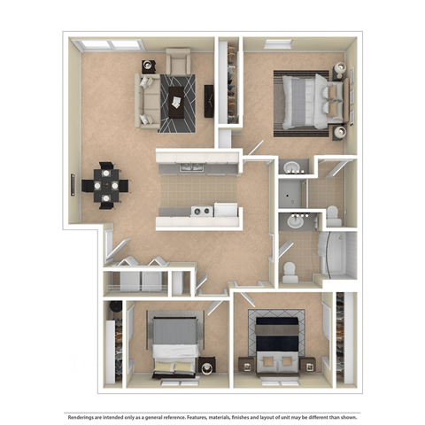 Floor plan for 3 beds, 2 baths, 1052 sqft